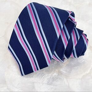 Bloomingdale’s Navy Blue Pink Striped Mens Silk Tie Classic Preppy Groom 59”
